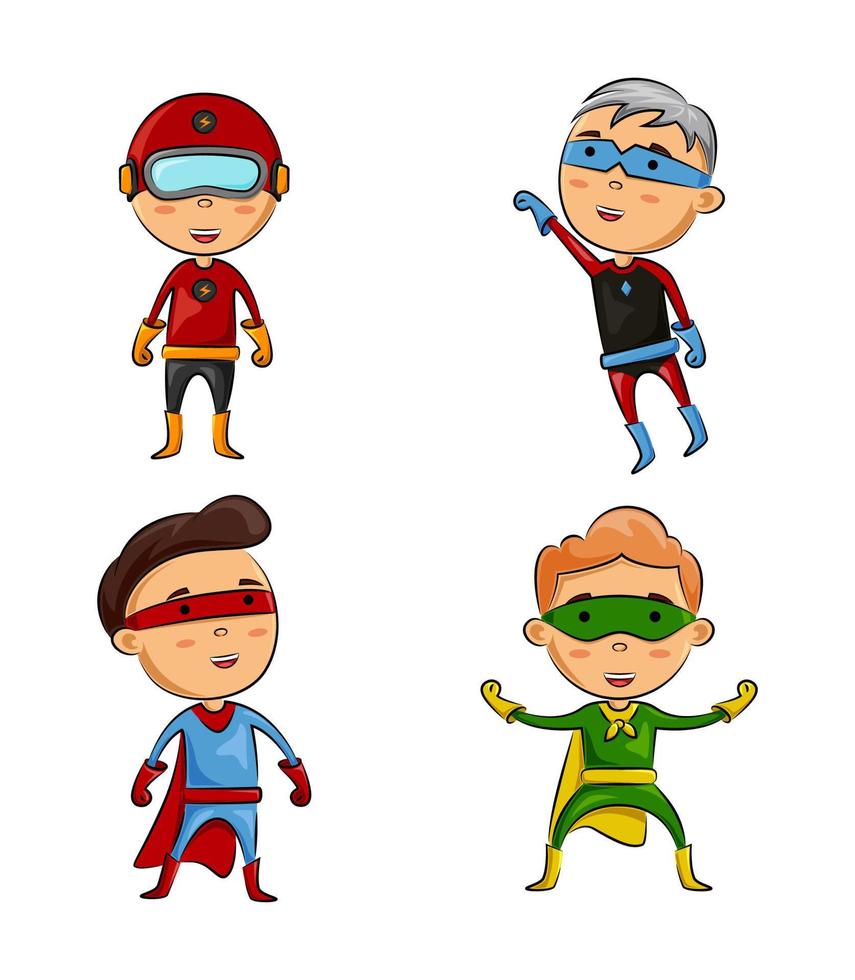 mignon quatre enfants portant des costumes de super-héros avec une pose différente vecteur
