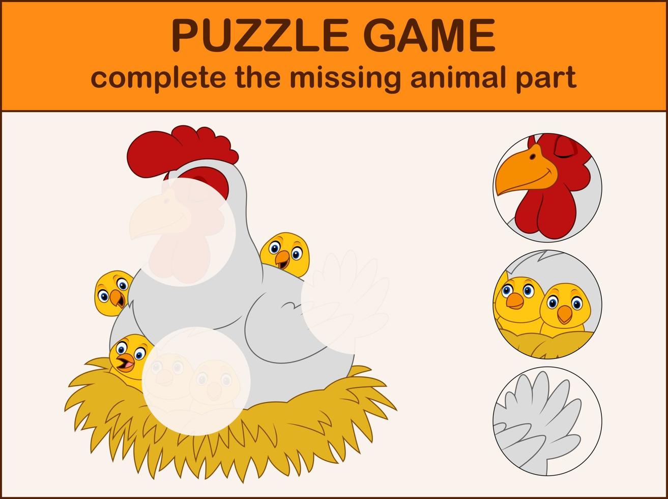 dessin animé mignon de poule avec des poussins dans le nid. Complétez le puzzle et trouvez les parties manquantes de l'image vecteur