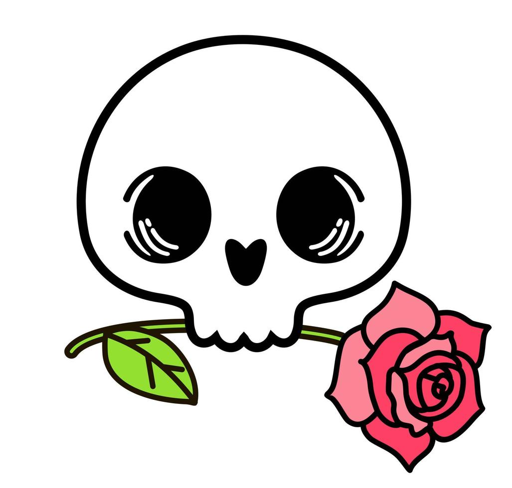 crâne humain avec une rose dans les dents. concept de tatouage de crâne humain coupé avec des fleurs roses vecteur