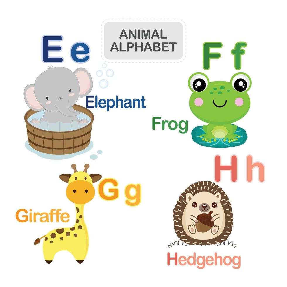 alphabet animal mignon de la lettre e à h vecteur