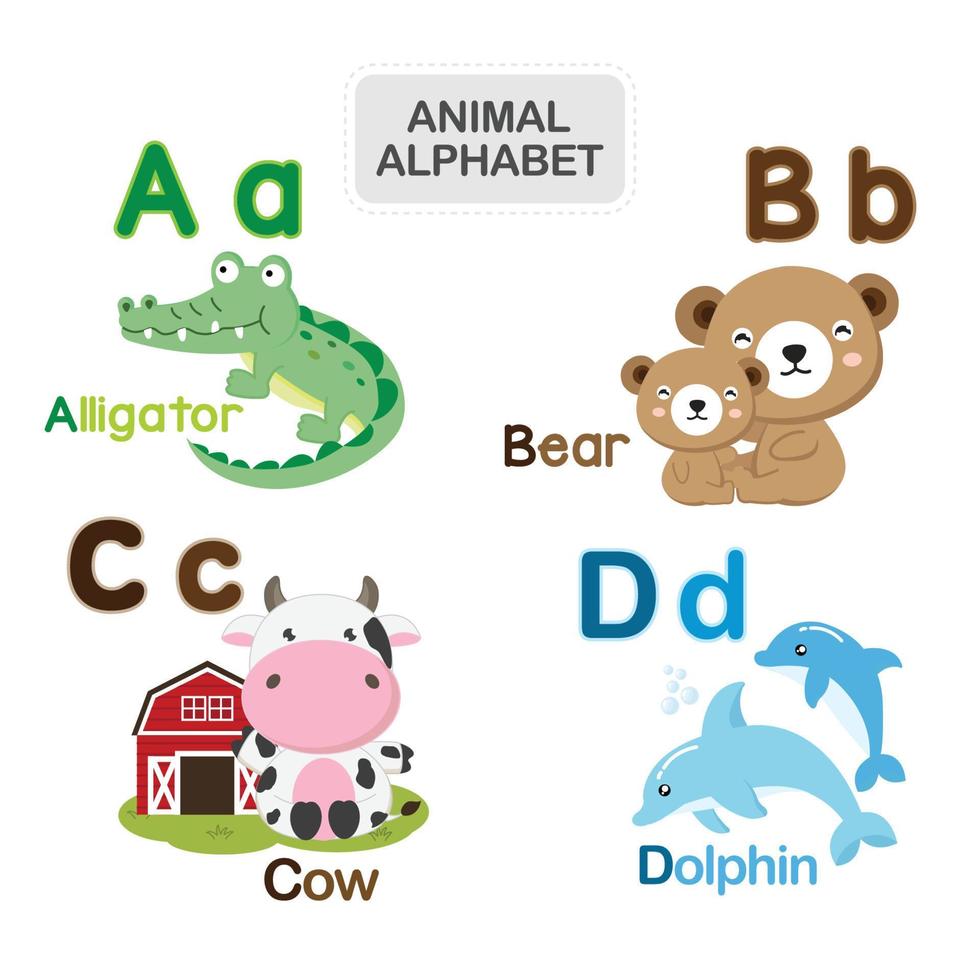 alphabet animal mignon de la lettre a à d vecteur