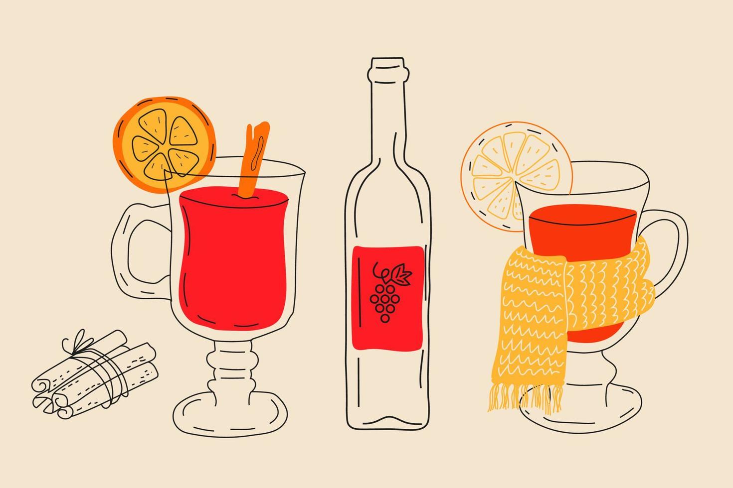 ensemble d'illustrations vectorielles de vin chaud et d'épices. ingrédients de boissons chaudes traditionnelles d'hiver. racine de gingembre, oranges, anis étoilé vecteur