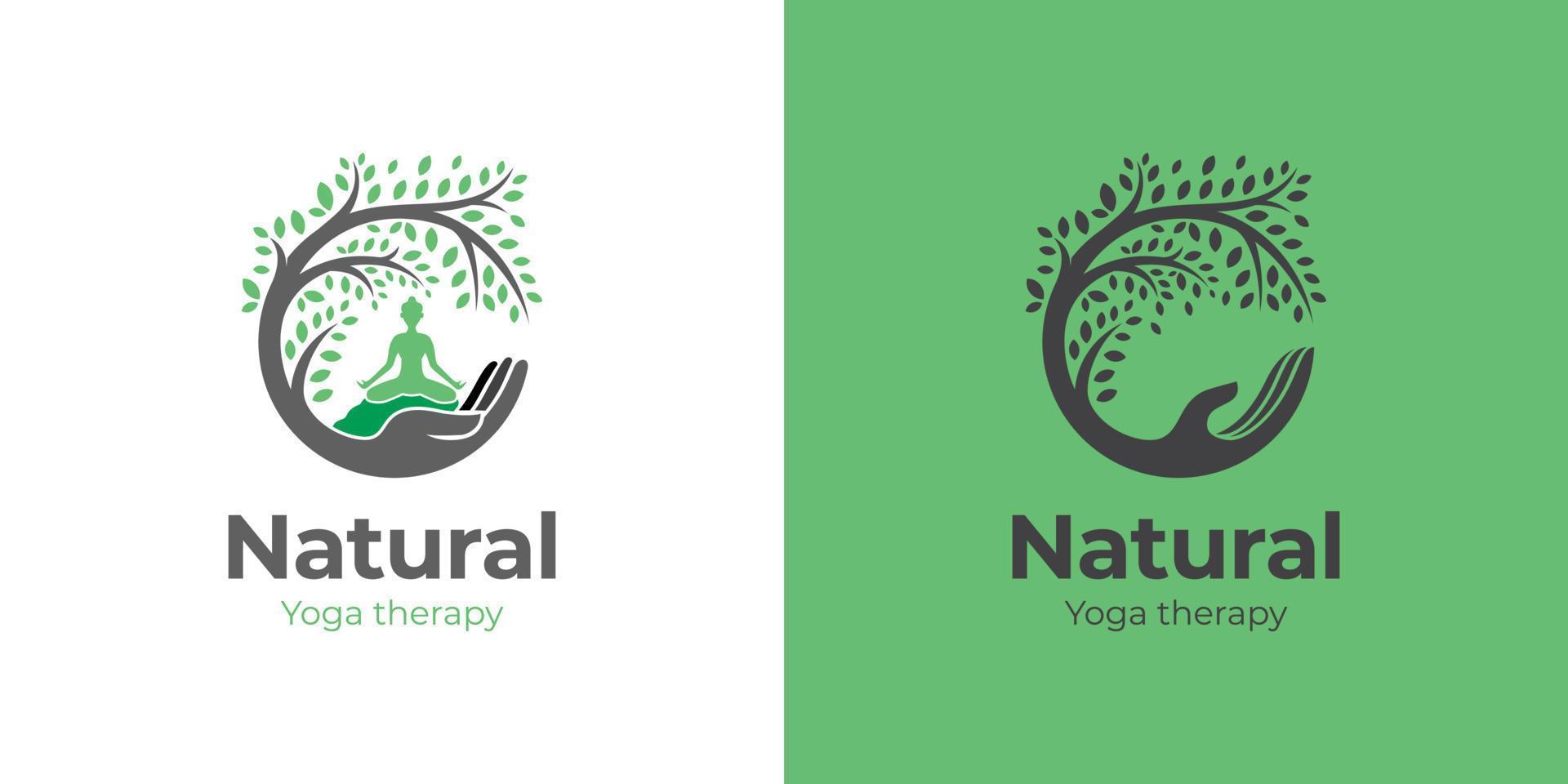 création de logo homme méditation yoga vie avec illustration vectorielle arbre soins des mains. pour centre de bien-être, santé nature vecteur