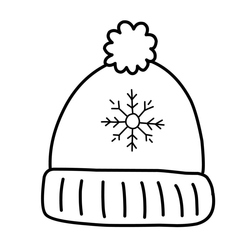 chapeau vêtements d'hiver chauds. chapeau chaud avec des griffonnages d'hiver pompon isolés sur fond blanc dessinés par ligne. coloration anti-stress. illustration vectorielle de griffonnage vecteur