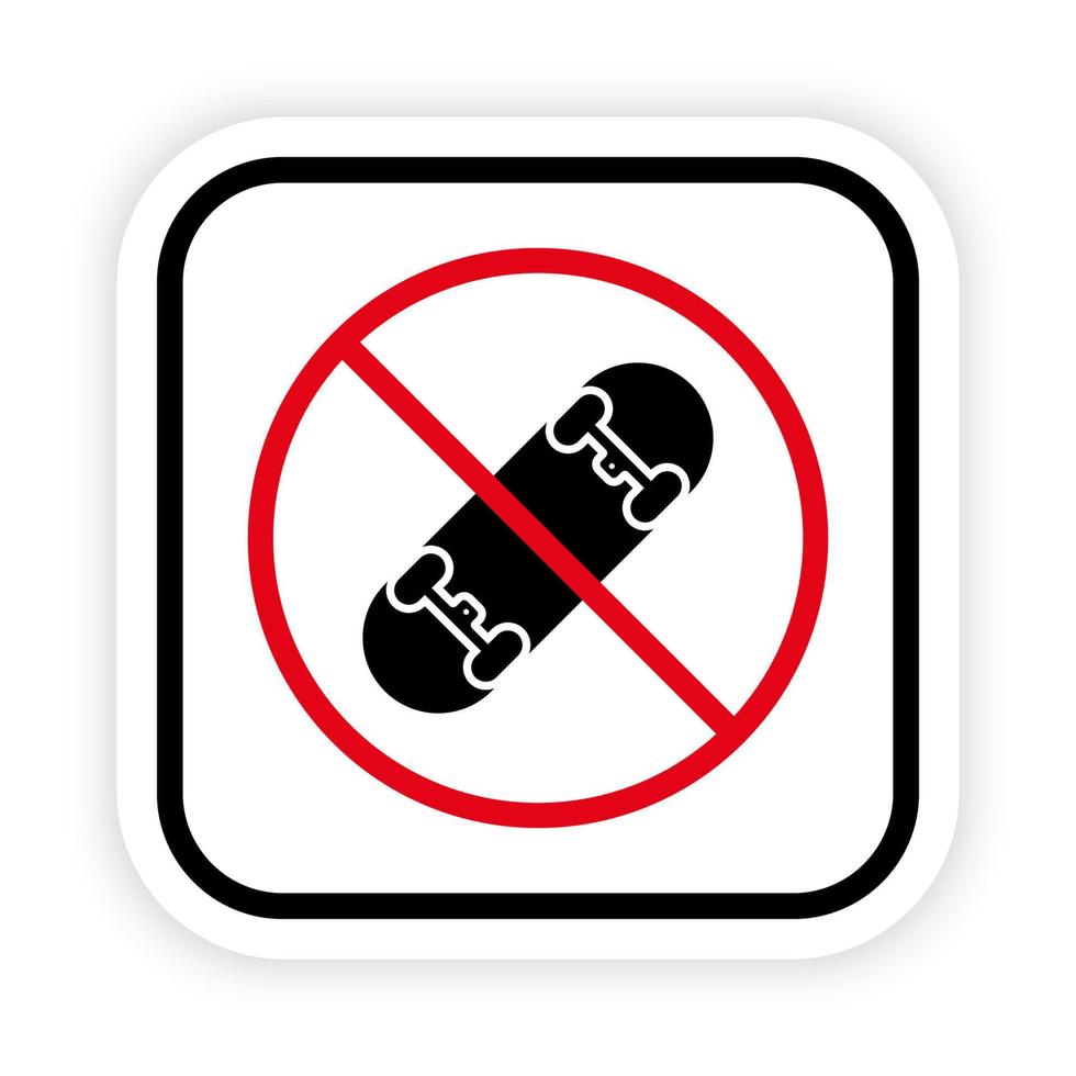 planche à roulettes interdite. icône de silhouette noire d'interdiction de planche à roulettes. aucun signe de patinage autorisé. pictogramme de roue de pont d'équipement de patineur interdit. symbole d'arrêt de planche à roulettes. illustration vectorielle isolée. vecteur