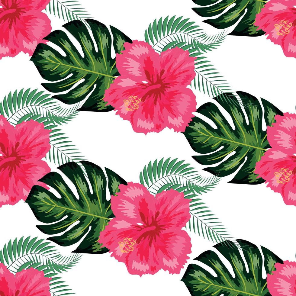 modèle sans couture avec des feuilles tropicales, des fleurs d'hibiscus vecteur