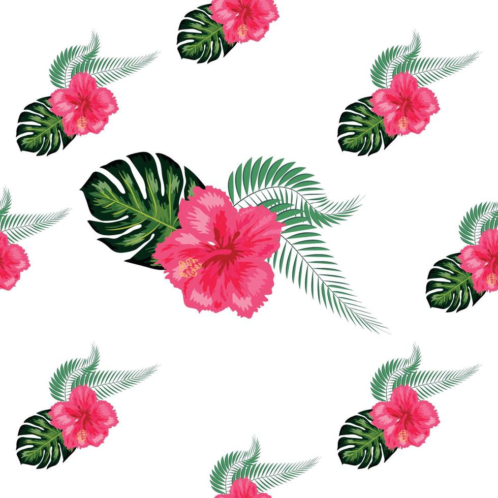 modèle sans couture avec des feuilles tropicales, des fleurs d'hibiscus vecteur