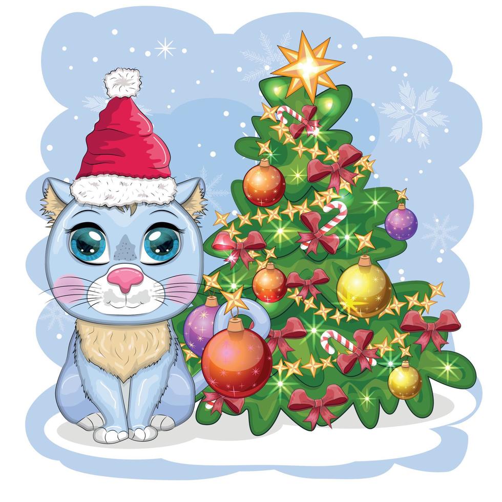 chat de dessin animé mignon dans le chapeau du père noël près de l'arbre de noël décoré. hiver 2023, noël et nouveau chinois vecteur