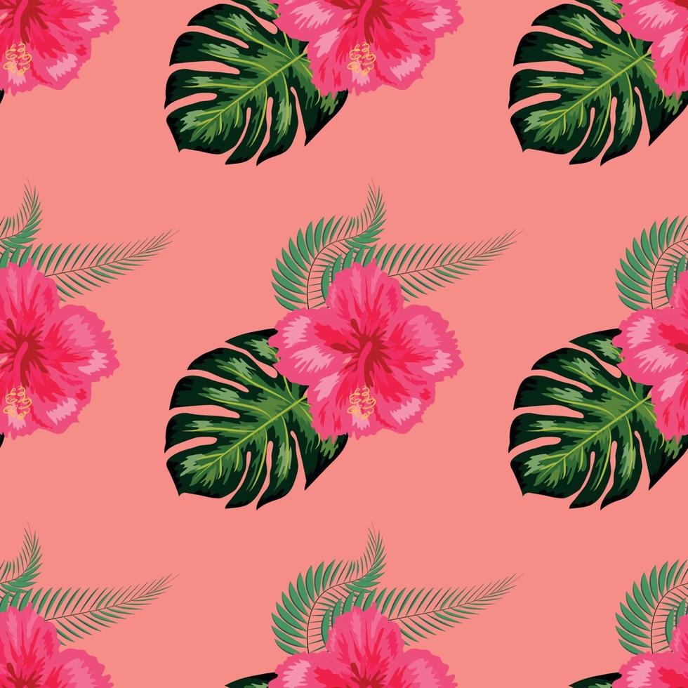 modèle sans couture avec des feuilles tropicales, des fleurs d'hibiscus vecteur