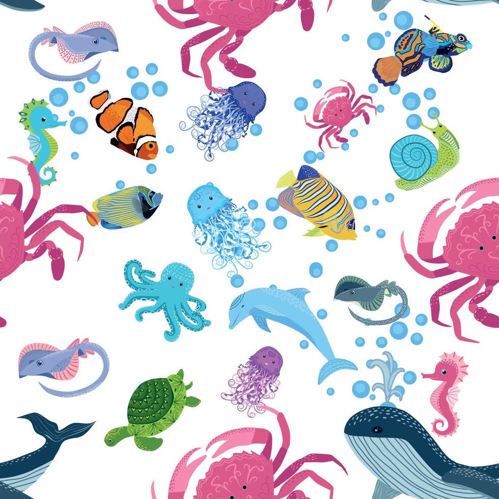 vie marine, poissons, animaux modèle sans couture lumineux. voyage en mer, plongée sous-marine animaux poissons tropicaux. méduse, baleine, requin, hippocampe, poisson clown, dauphin, tortue, empereur vecteur