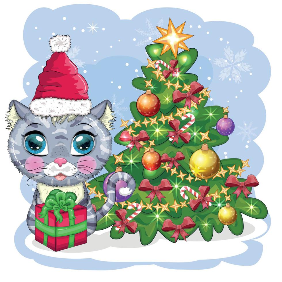 chat de dessin animé mignon dans le chapeau du père noël près de l'arbre de noël décoré. hiver 2023, noël et nouveau chinois vecteur