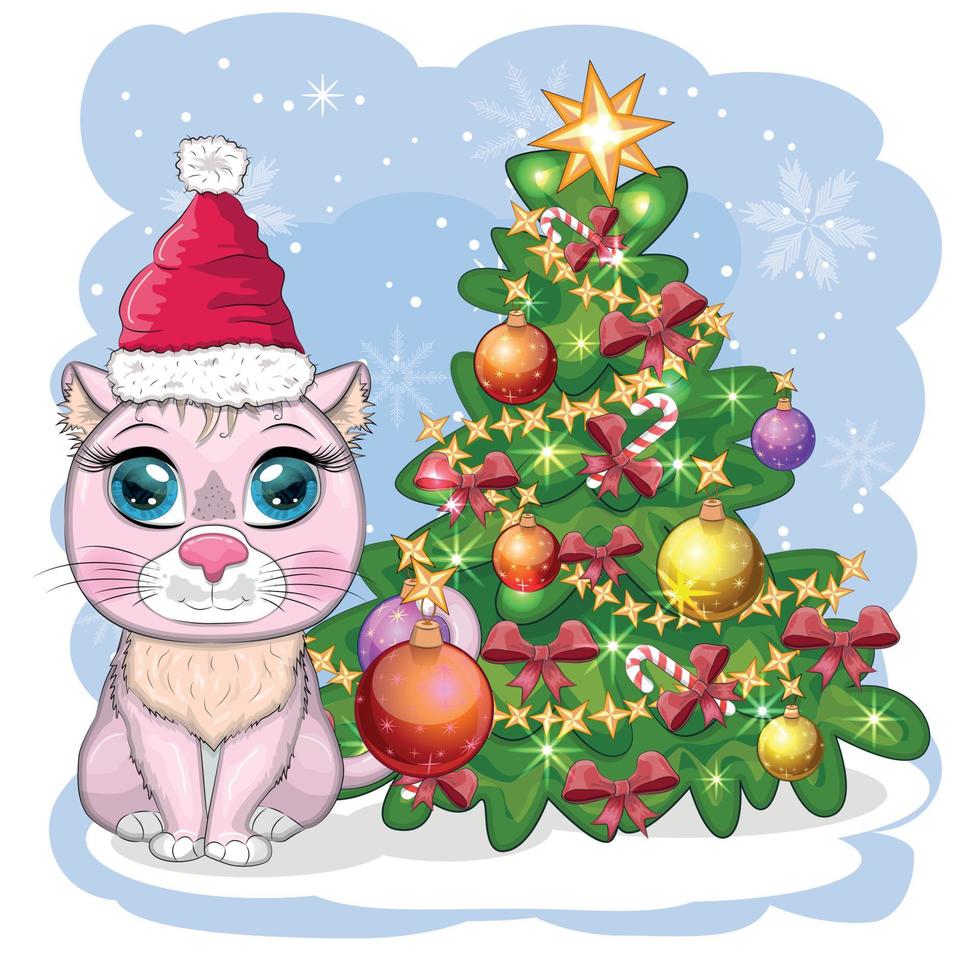 chat de dessin animé mignon dans le chapeau du père noël près de l'arbre de noël décoré. hiver 2023, noël et nouveau chinois vecteur