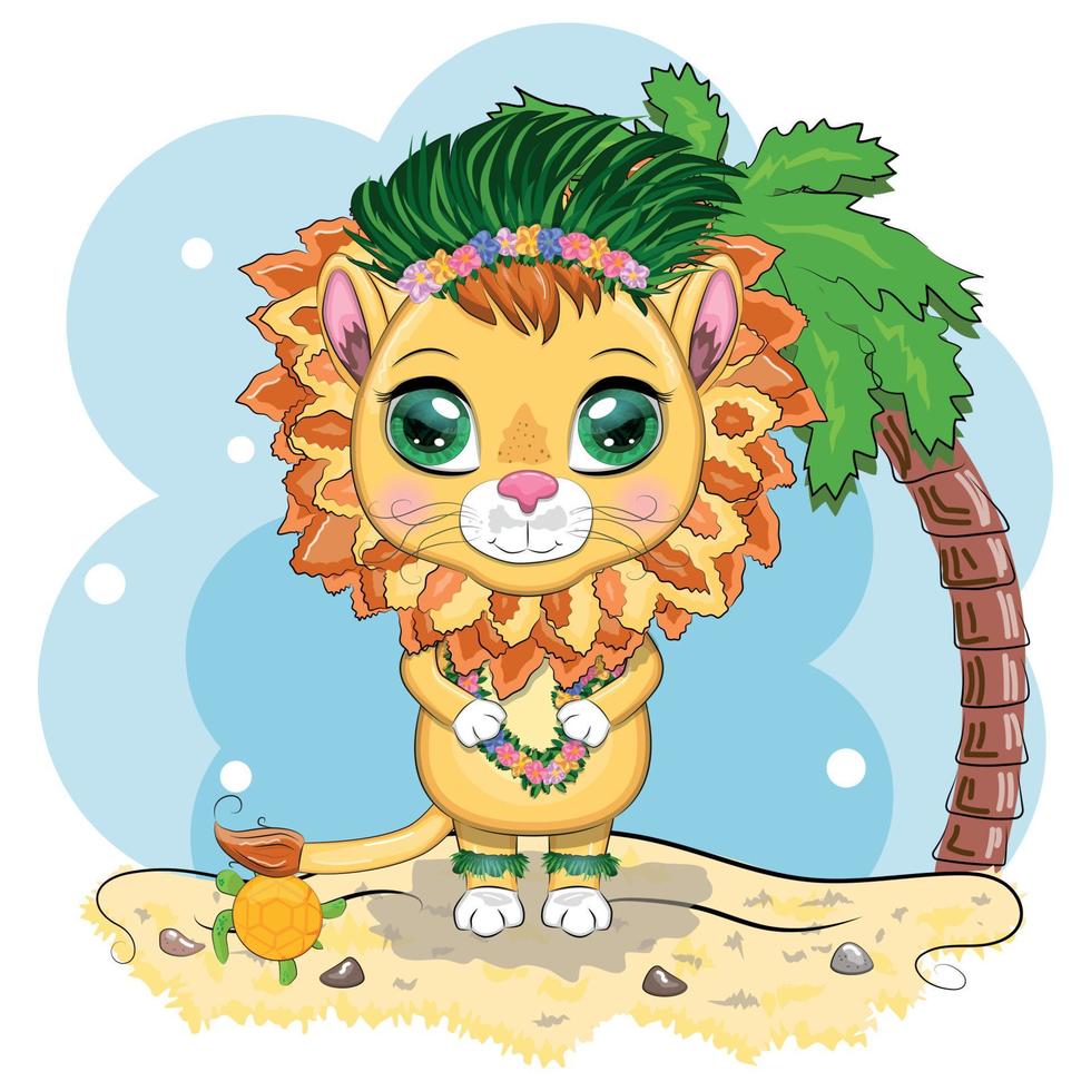 mignon petit lion avec une couronne de fleurs hawaïennes. illustration de dessin animé vecteur