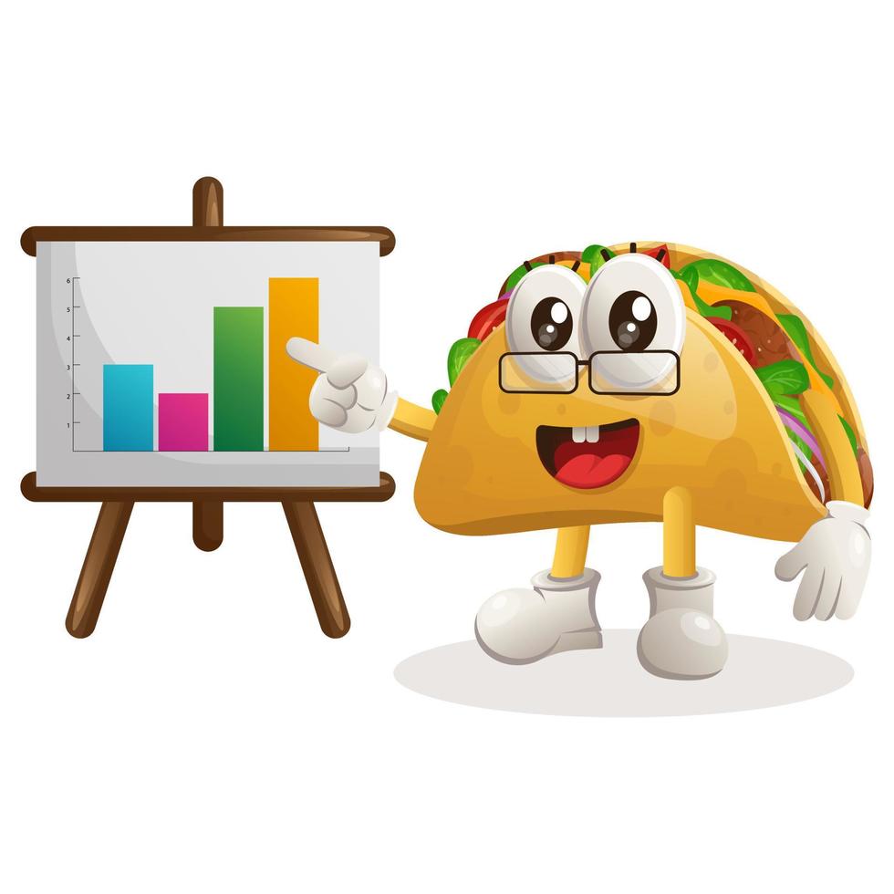 la mascotte mignonne de taco donne une présentation de rapport, montre des graphiques de colonne vecteur