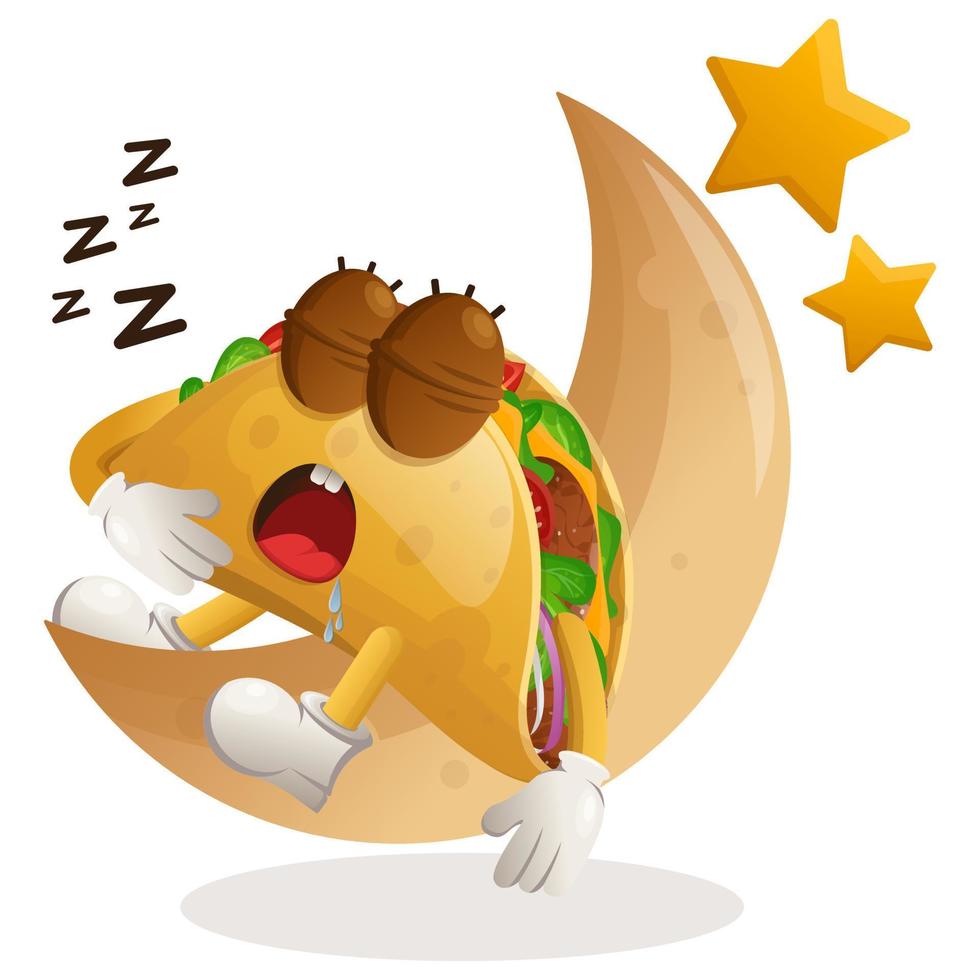 adorable mascotte de taco qui dort, dort sur la lune vecteur