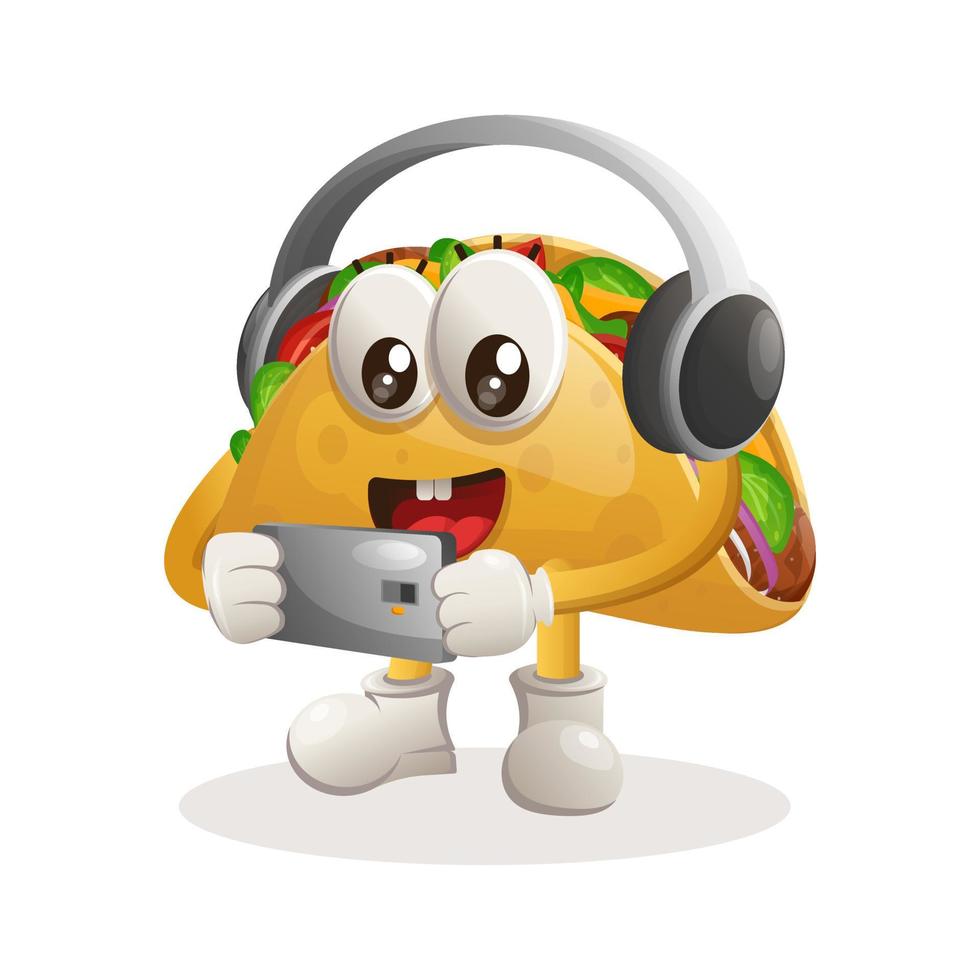 mascotte taco mignonne jouant au jeu mobile, portant des écouteurs vecteur