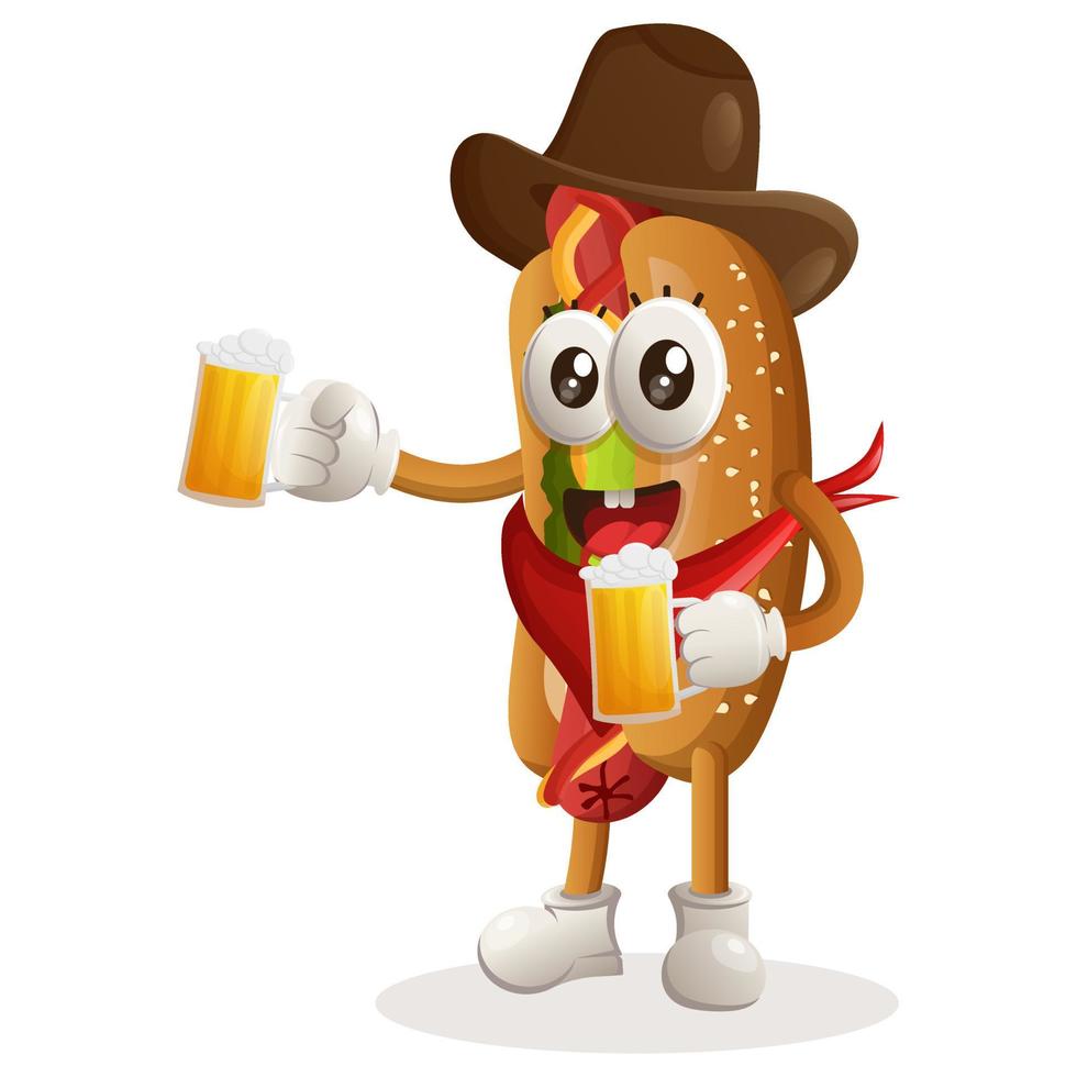 la mascotte mignonne de hot-dog célèbre l'oktoberfest en tenant de la bière vecteur