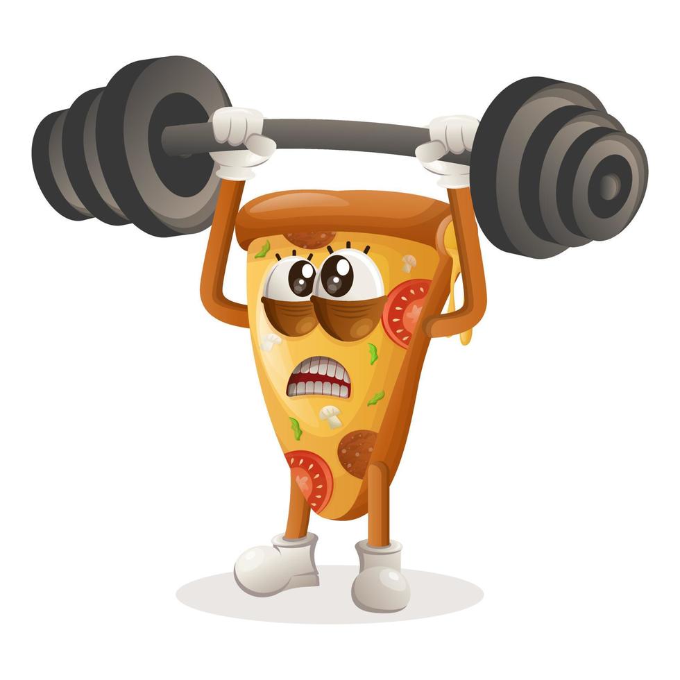 adorable mascotte de pizza en musculation avec des haltères vecteur