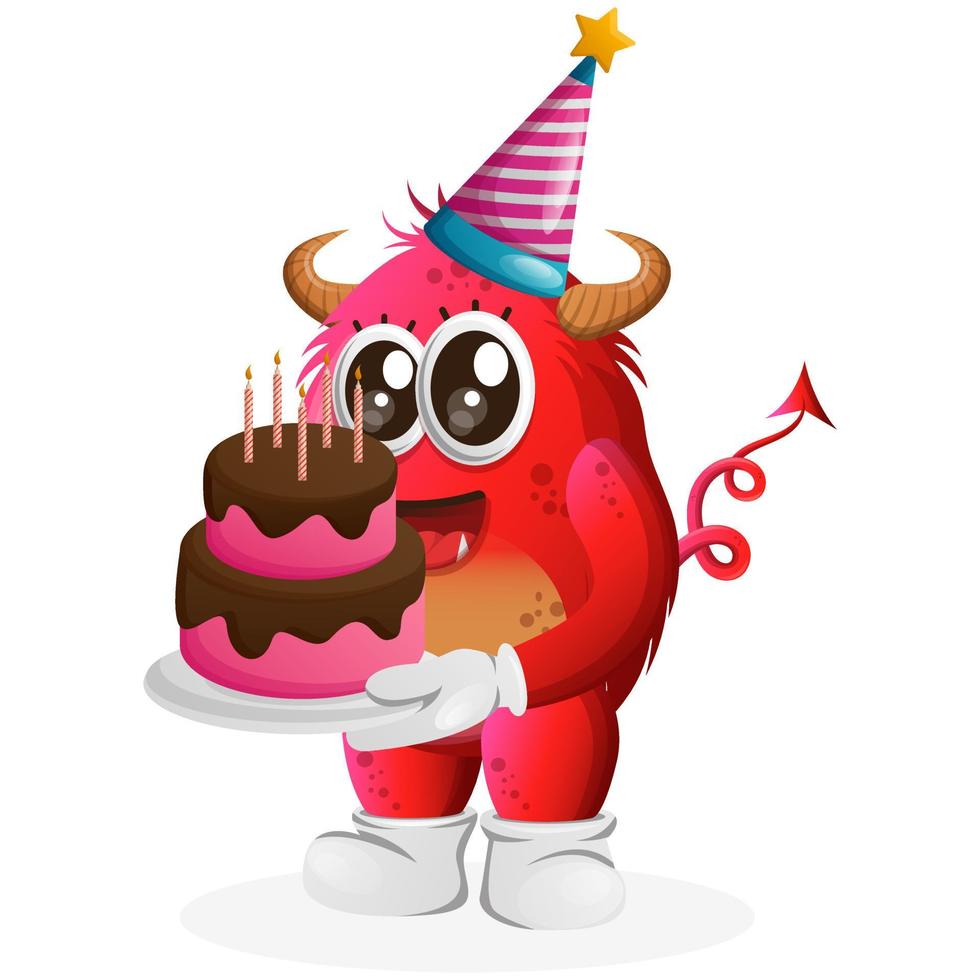 vecteur mignon monstre rouge portant un chapeau d'anniversaire, tenant un gâteau d'anniversaire