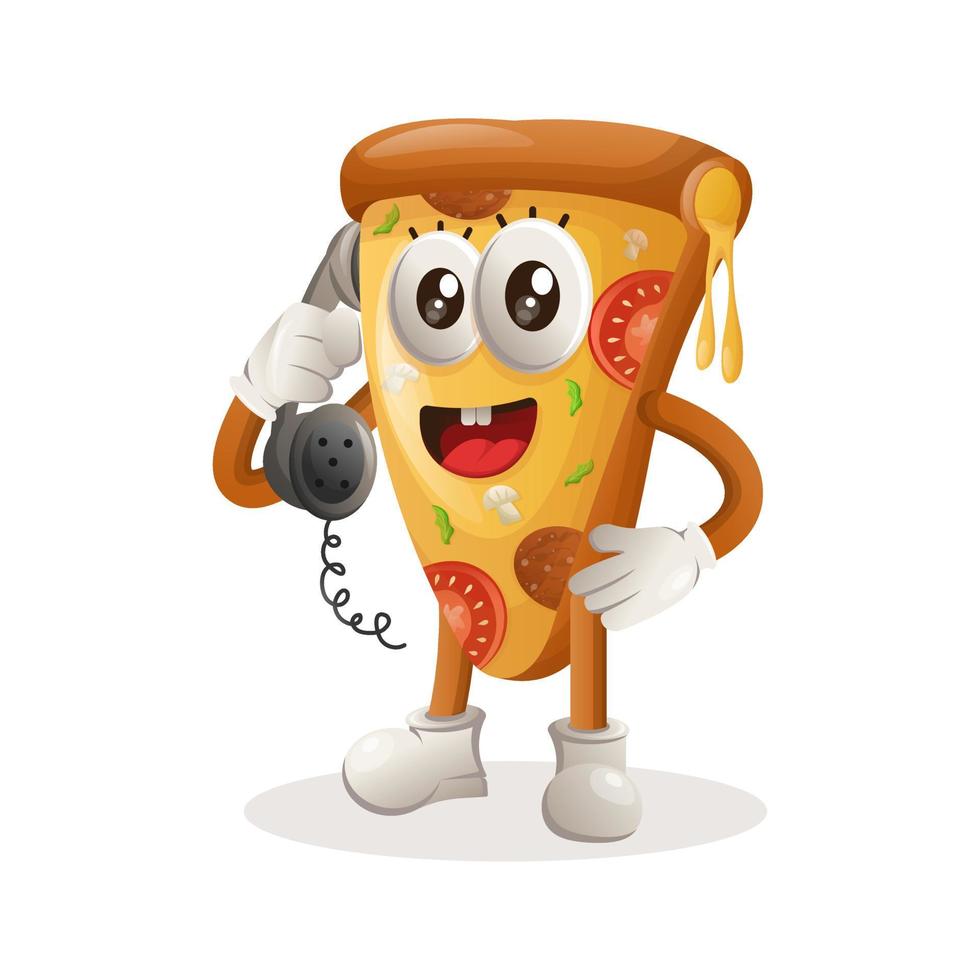jolie mascotte de pizza décroche le téléphone, répond aux appels téléphoniques vecteur