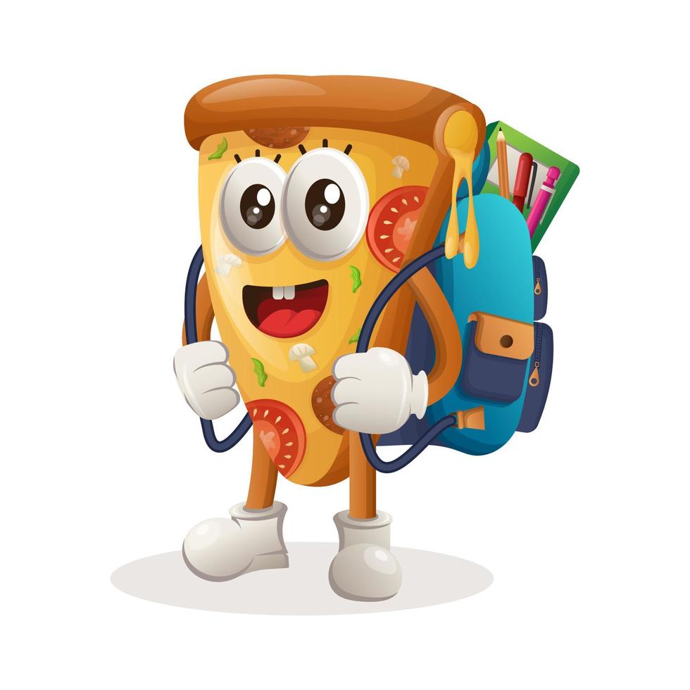 adorable mascotte de pizza portant un cartable, un sac à dos, la rentrée scolaire vecteur