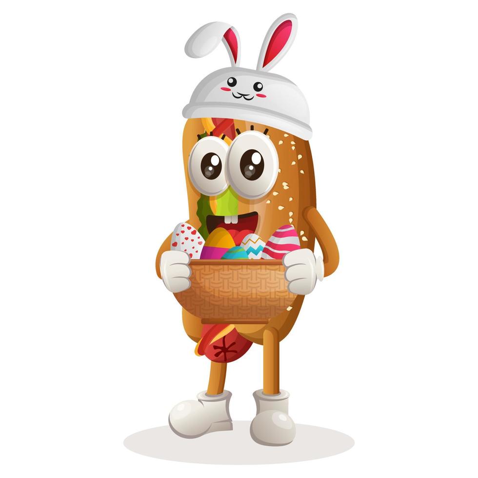 jolie mascotte de hot-dog portant la casquette de lapin tenant un œuf de pâques dans un panier vecteur