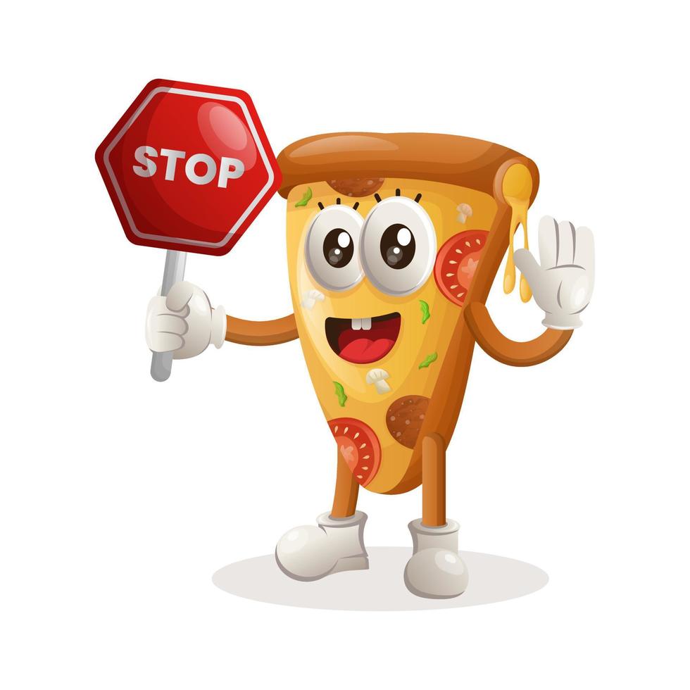 adorable mascotte de pizza tenant un panneau d'arrêt, un panneau de signalisation, un panneau de signalisation vecteur