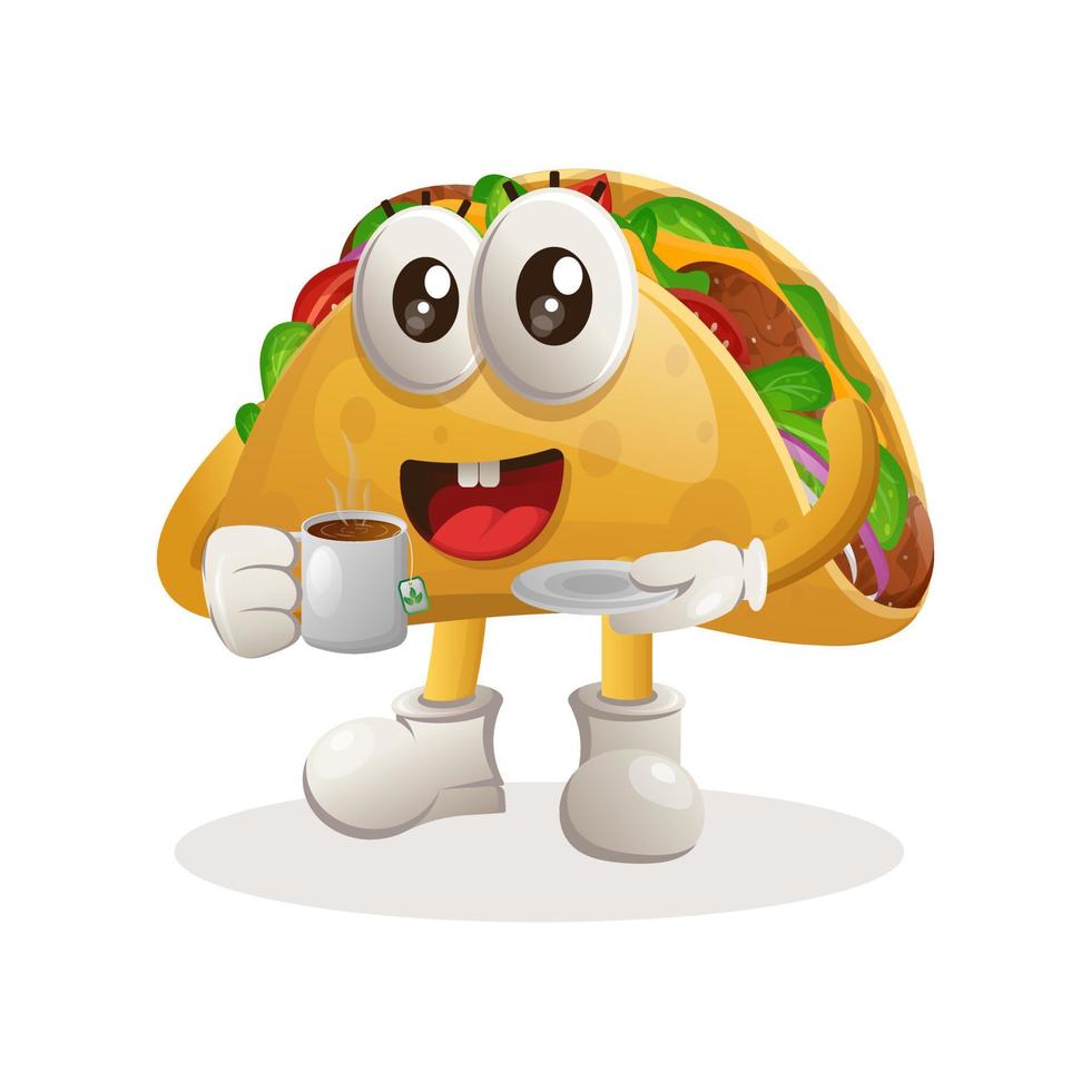 adorable mascotte de taco buvant du thé, à l'heure du thé vecteur