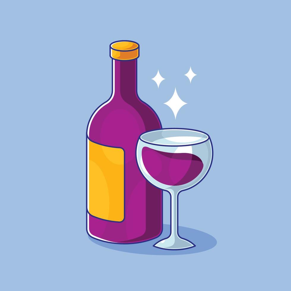 verre de dessin animé de vin rouge et bouteille vecteur