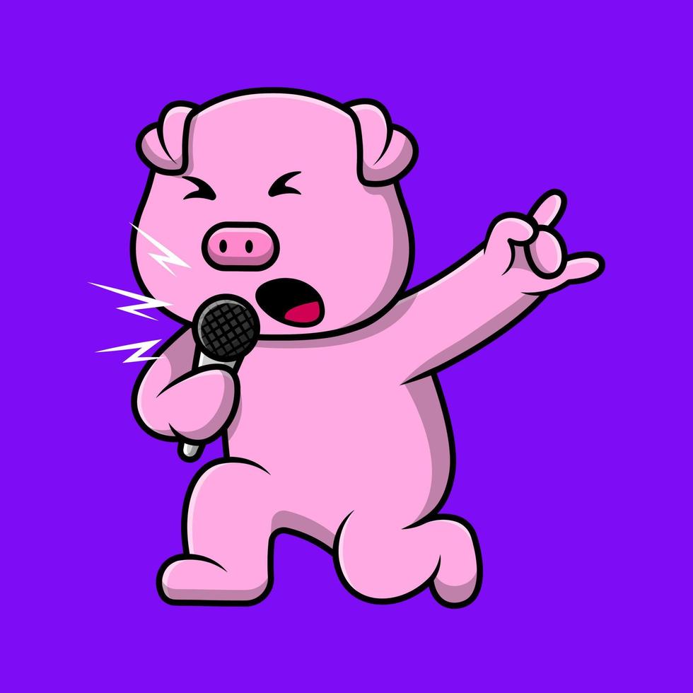 cochon mignon chantant avec illustration d'icône de vecteur de dessin animé de microphone. concept de dessin animé plat