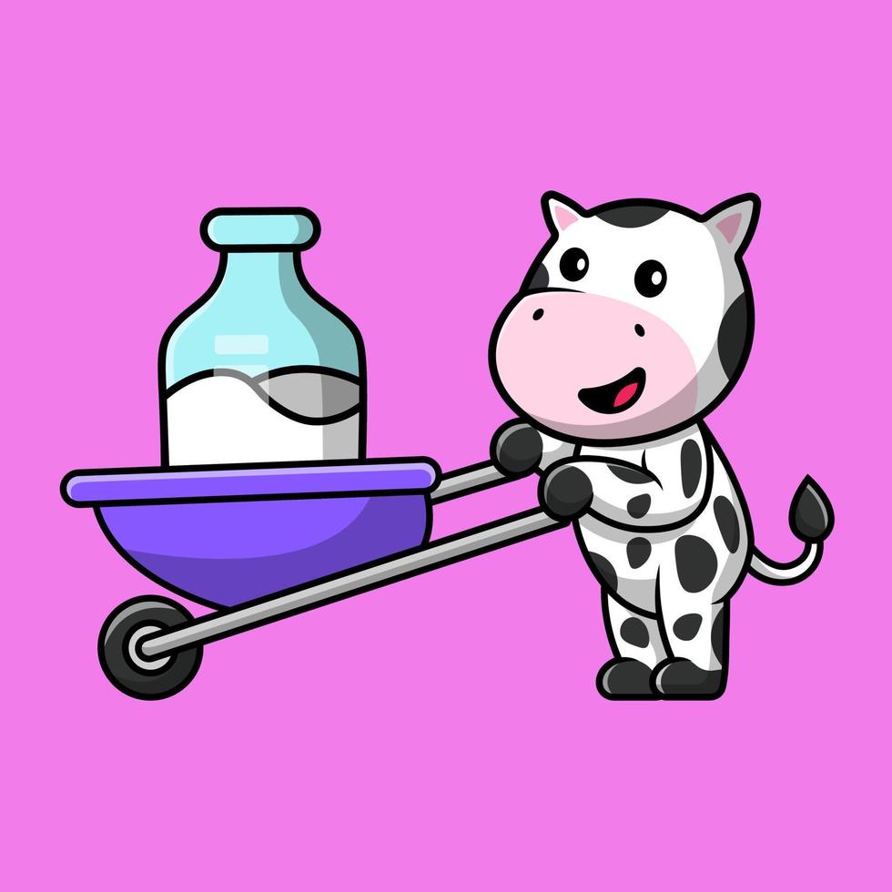 vache mignonne apporter du lait avec illustration d'icône de vecteur de dessin animé de chariot. concept de dessin animé plat