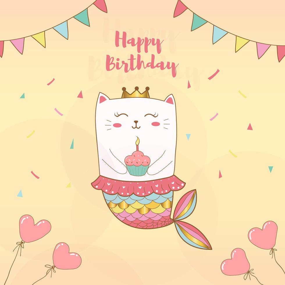 carte de joyeux anniversaire sirène chat vecteur