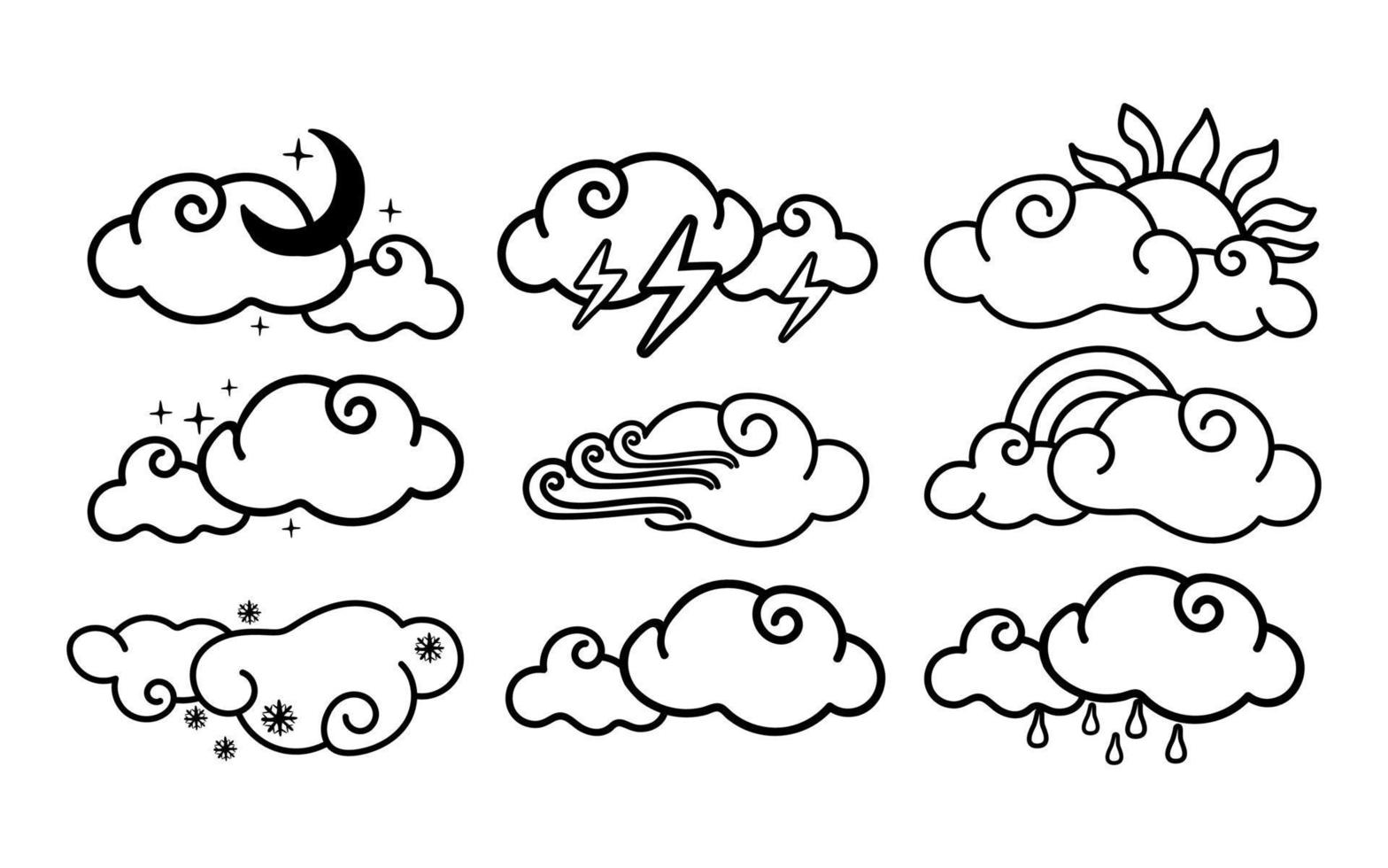 un ensemble de phénomènes météorologiques. nuages avec arc-en-ciel, neige, orage, vent, pluie, soleil, mois, éléments dessinés en style doodle. phénomène naturel. temps clair, couvert, jour, nuit petit nuage bouclé vecteur