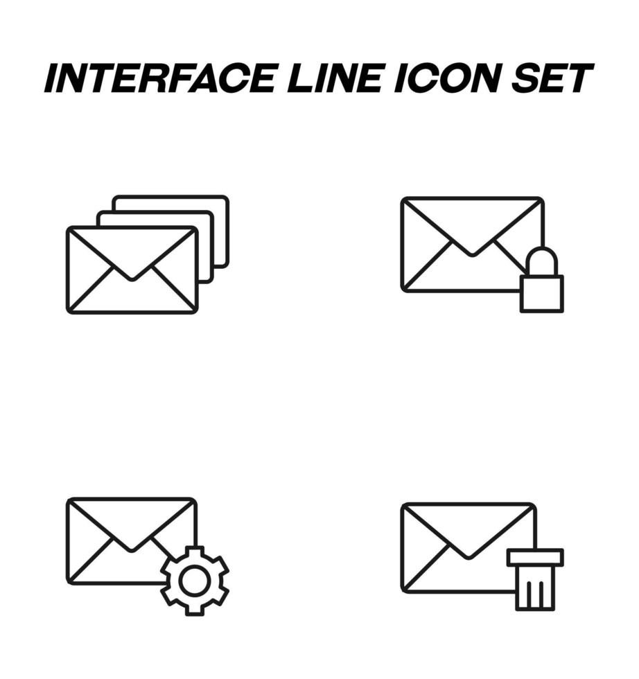 symboles vectoriels monochromes simples adaptés aux applications, livres, magasins, magasins, etc. icônes de ligne avec signes d'engrenage, serrure, poubelle à côté de l'enveloppe vecteur
