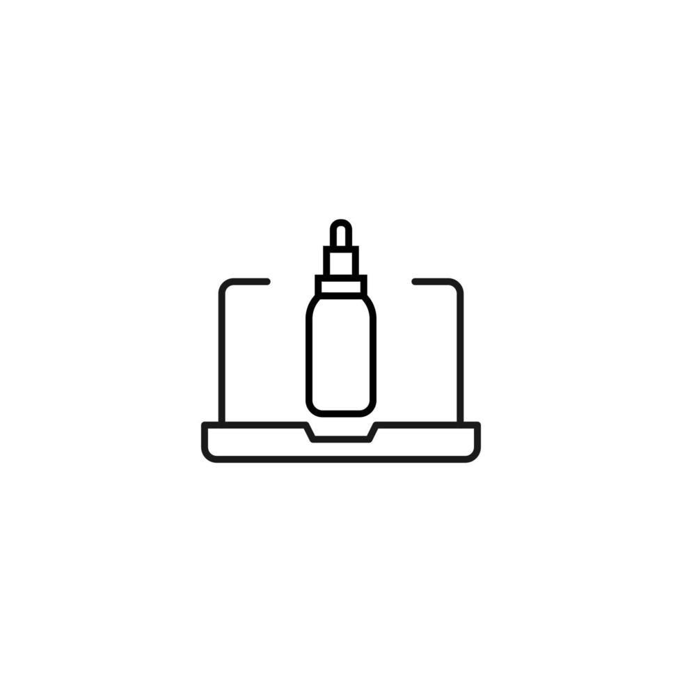 simple illustration en noir et blanc dessinée avec une ligne fine. parfait pour la publicité, les boutiques Internet, les magasins. trait modifiable. icône de ligne vectorielle de bouteille cosmétique pour gel ou shampooing sur écran d'ordinateur portable vecteur