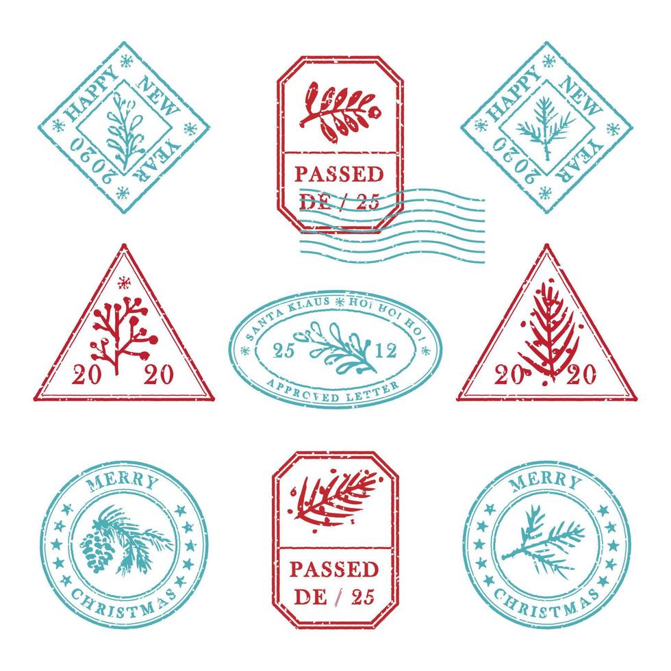 ensemble de caoutchouc de timbre de noël grunge texturé vintage avec des symboles de vacances dans les couleurs rouges, vertes et bleues. pour la carte de voeux de noël, les invitations, la bannière web, le design rétro des dépliants de vente vecteur