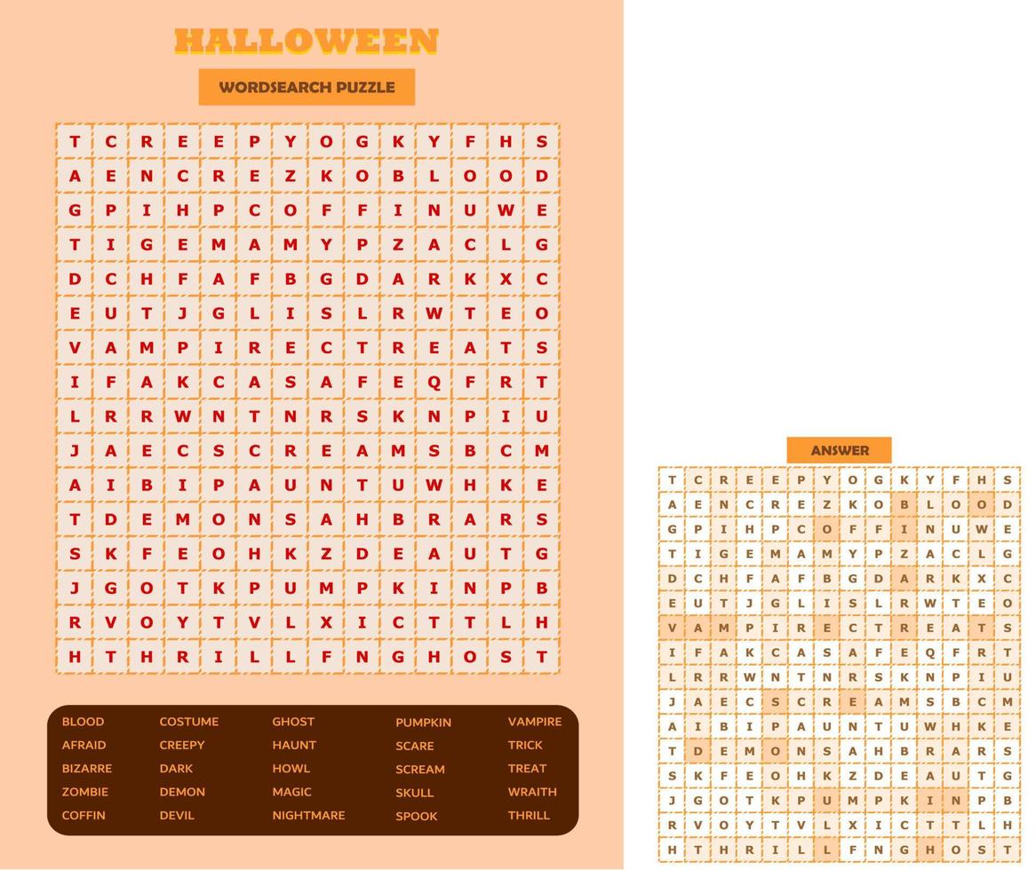 puzzle de recherche de mots imprimable. feuille de travail de vocabulaire amusante pour apprendre des mots anglais. trouver des mots cachés. carte de fête. jeu éducatif pour enfant et adulte. thème d'Halloween. vecteur