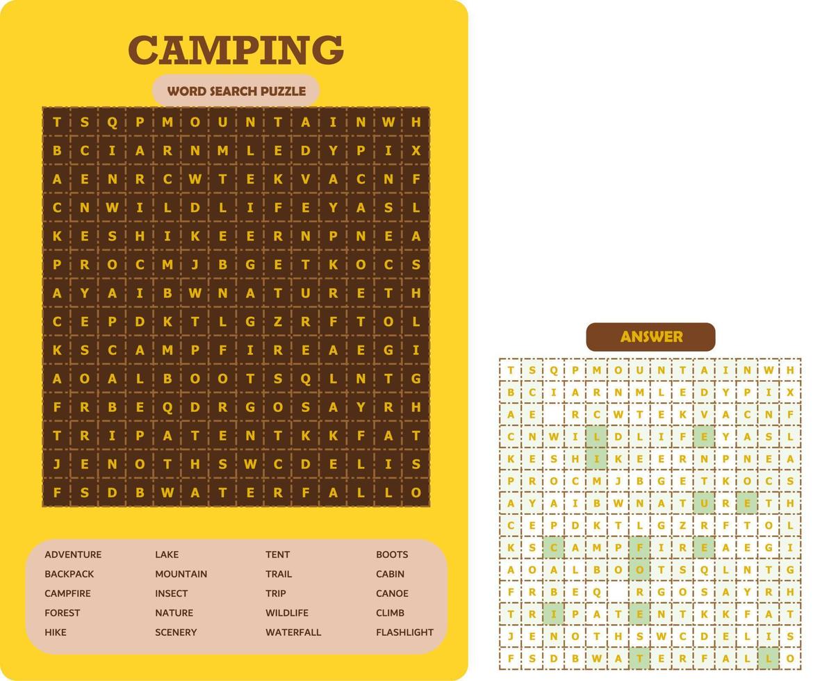 puzzle de recherche de mots imprimable. feuille de travail de vocabulaire amusante pour apprendre des mots anglais. trouver des mots cachés. carte de fête. jeu éducatif pour enfant et adulte. thème du camping. vecteur