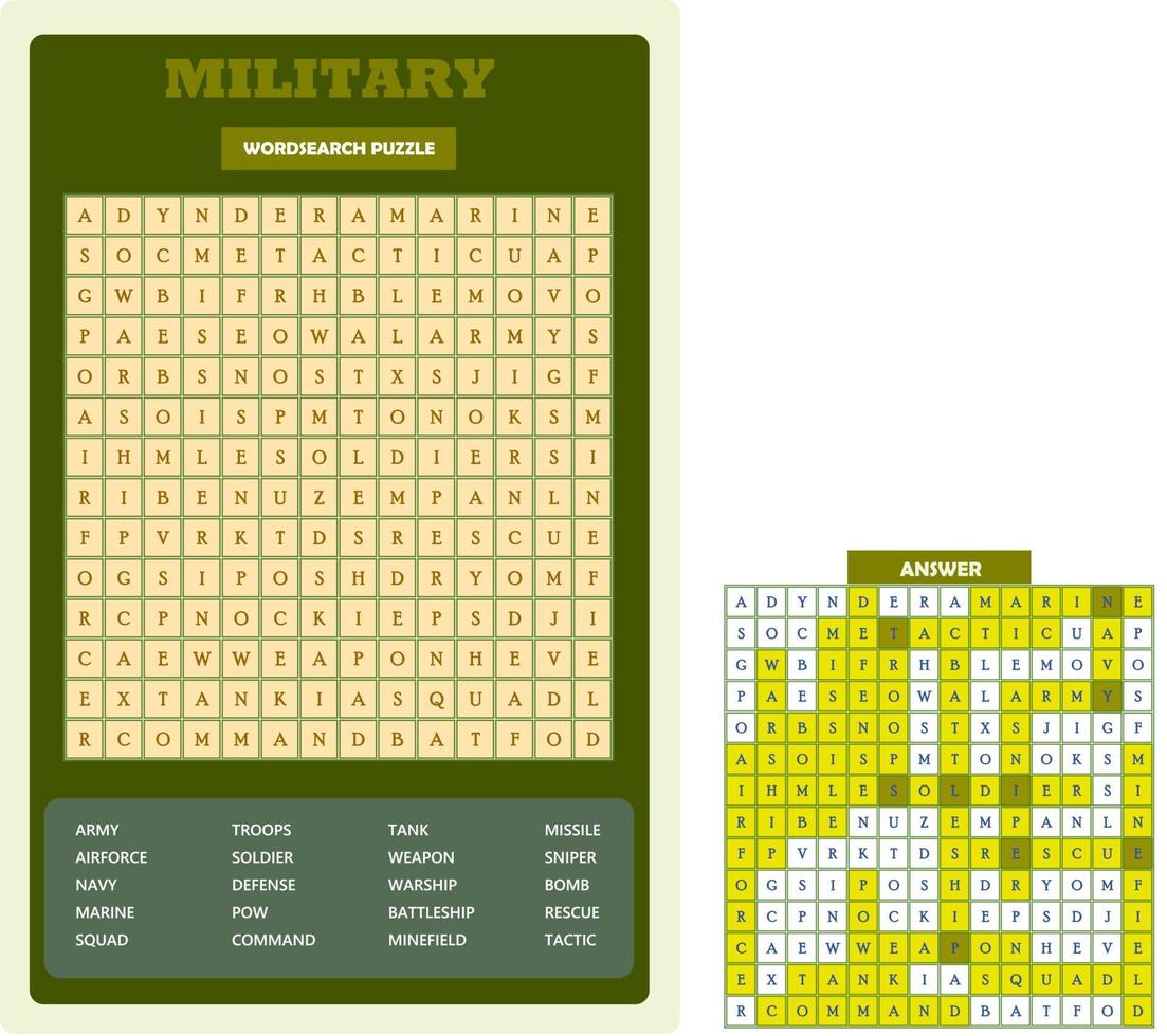 puzzle de recherche de mots imprimable. feuille de travail de vocabulaire amusante pour apprendre des mots anglais. trouver des mots cachés. carte de fête. jeu éducatif pour enfant et adulte. thème militaire. vecteur