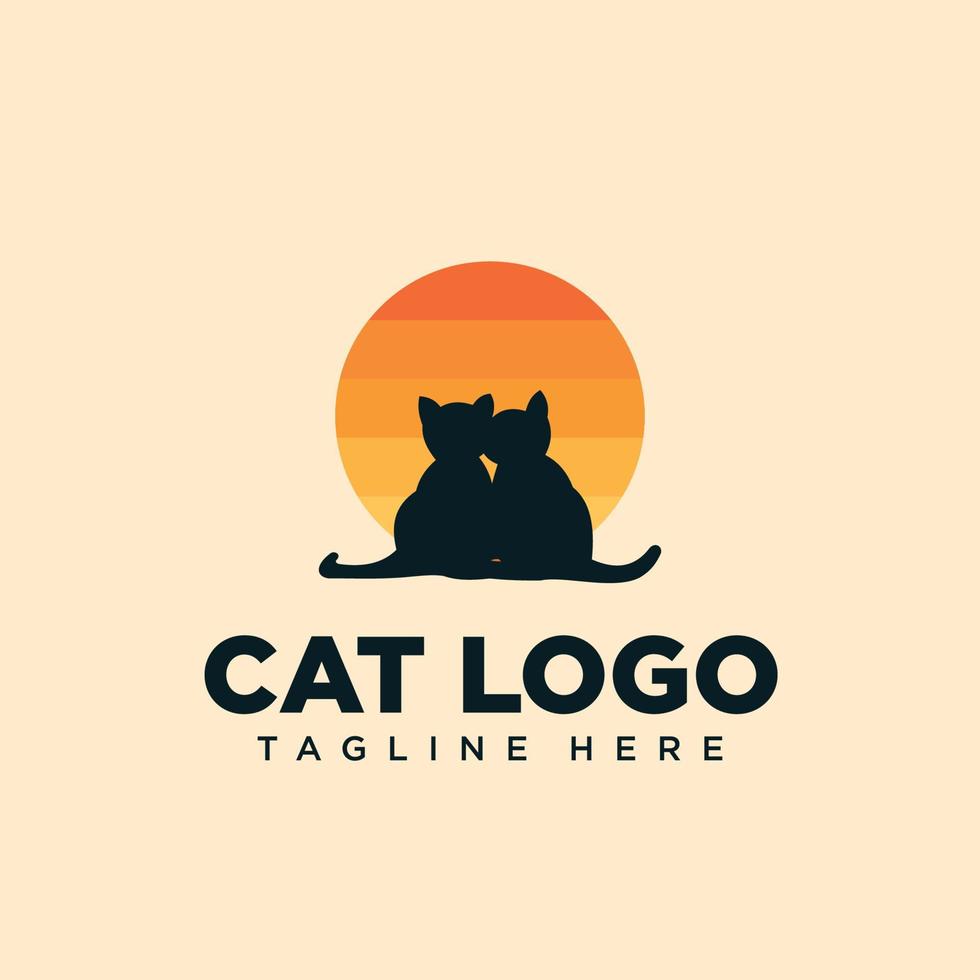 création de logo deux chats et coucher de soleil vecteur