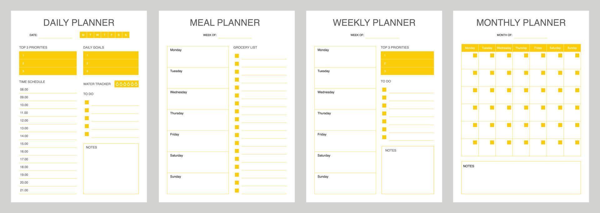 planificateur minimalis avec couleur jaune, quotidien, planificateur de repas, hebdomadaire, planificateur mensuel vecteur