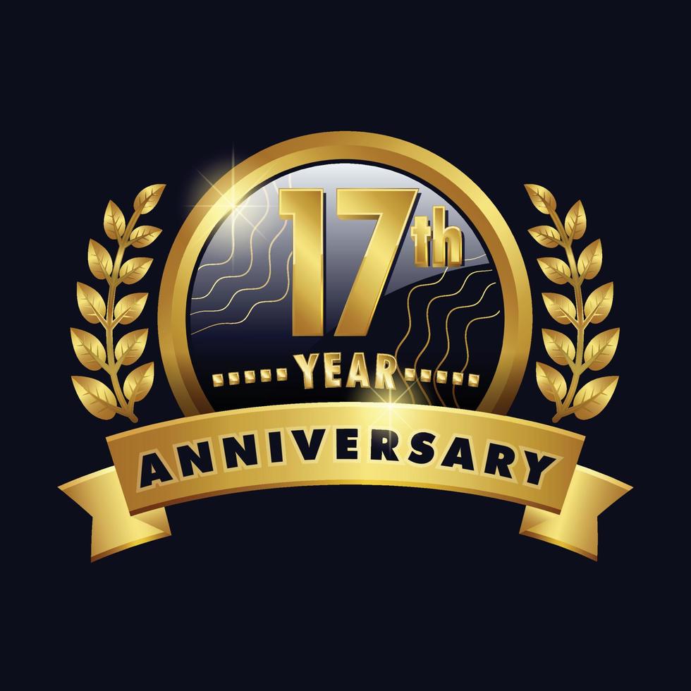 17e anniversaire logo doré insigne de dix-sept ans avec ruban numéro dix-sept, conception de vecteur de couronne de laurier