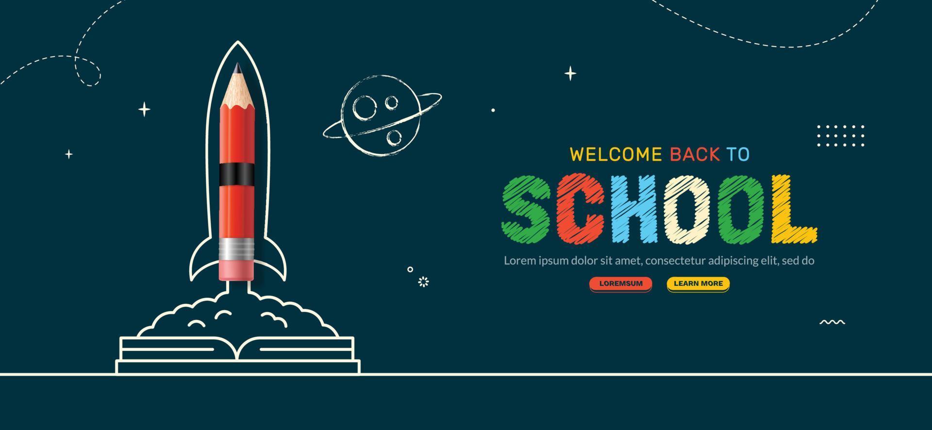 retour à l'arrière-plan de l'école avec le lancement d'une fusée à crayons du cahier à l'espace. apprentissage en ligne et modèle de page web, concept d'éducation numérique vecteur