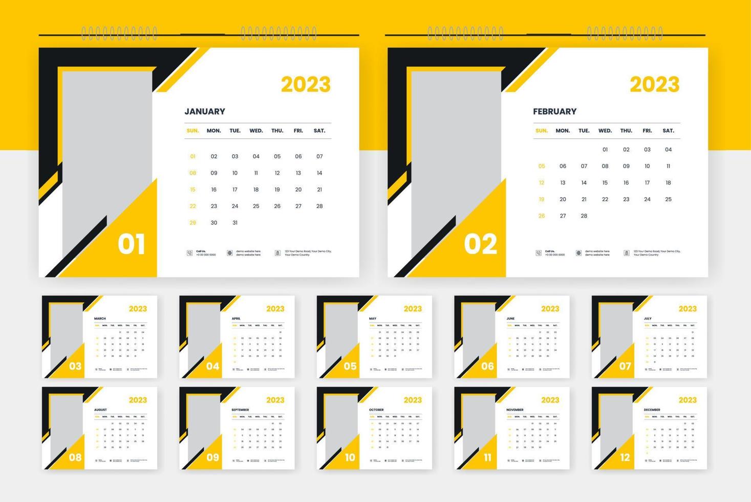 modèle de conception de calendrier de bureau jaune 2023 vecteur