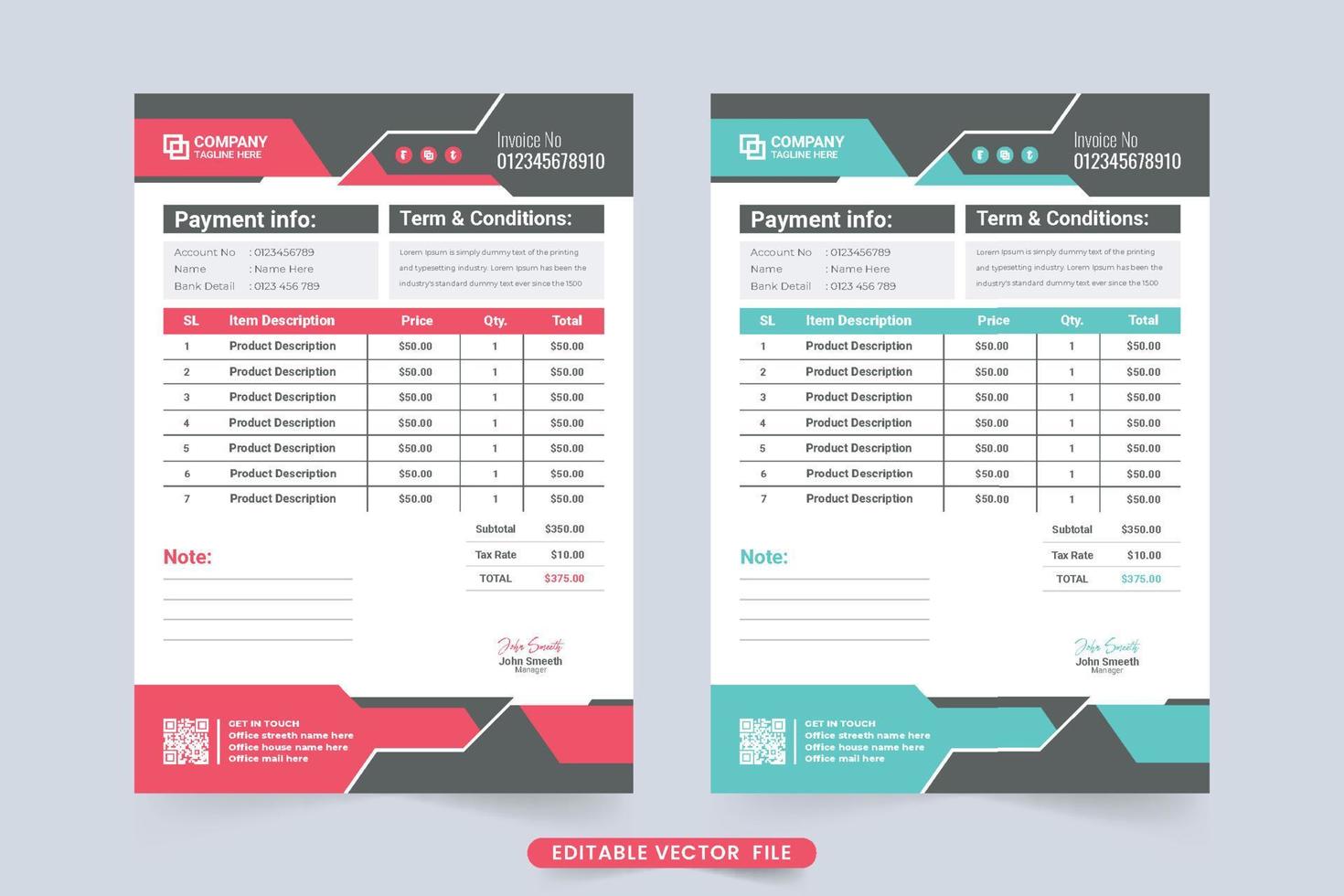 vecteur de modèle de facture simple avec des formes abstraites et une section de prix du produit. accord de paiement et conception de modèle de facture avec des couleurs bleues et rouges. facture commerciale professionnelle prête à imprimer.