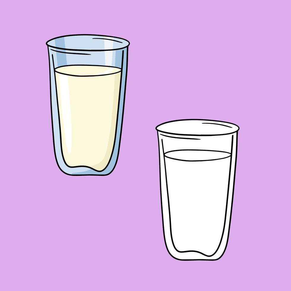 un ensemble d'illustrations, un grand verre en verre avec une boisson, du lait, du jus, un vecteur en style dessin animé sur un fond coloré