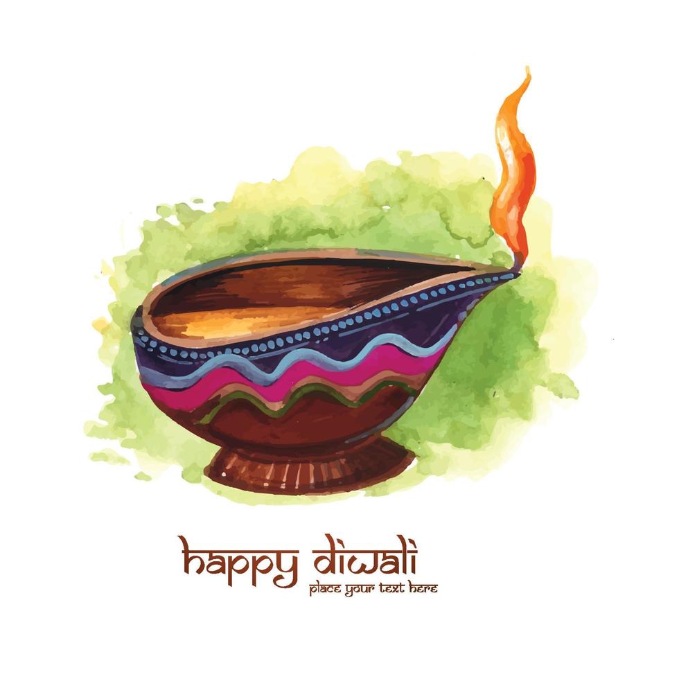 illustration de diya brûlant à l'aquarelle sur fond de carte de vacances joyeux diwali vecteur