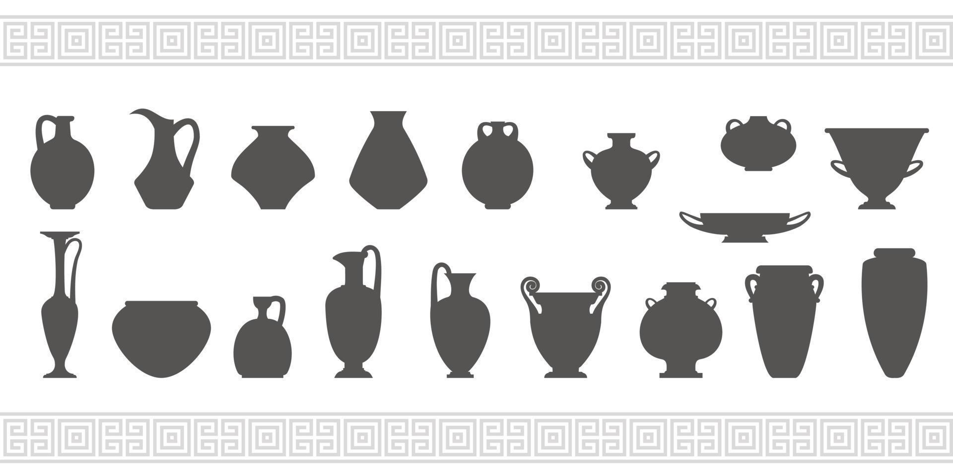 silhouettes de vases grecs. illustration de glyphe d'amphores et de pots anciens. terre cuite céramique faïence. vecteur. vecteur