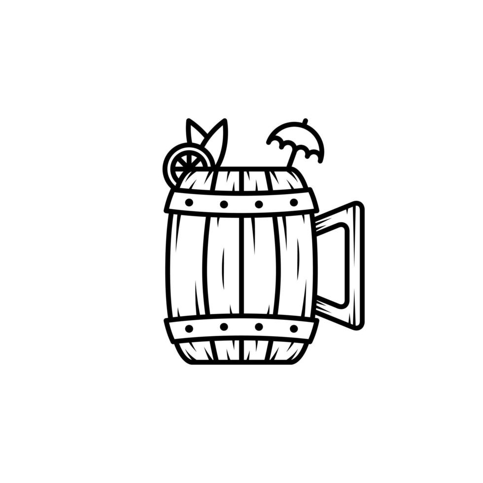 icône de tasse en bois avec tranche de citron et garniture de parapluie sur fond blanc. style simple, ligne, silhouette et épuré. noir et blanc. adapté au symbole, au signe, à l'icône ou au logo vecteur