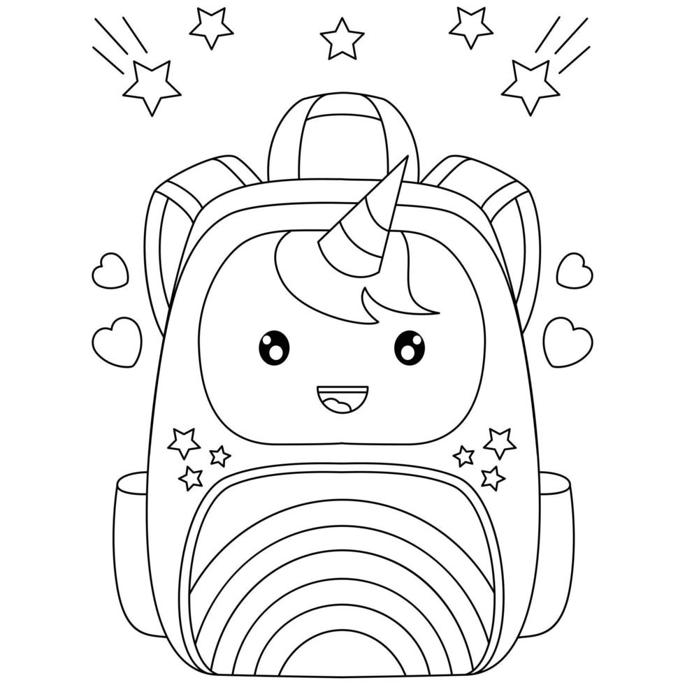 sacs à dos de sac d'école de licorne arc-en-ciel avec des ornements d'étoiles et des pages à colorier pour les enfants vecteur